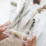 elvesmall Acrylic Three Grid Pen Holder Transparent Storage Rack Large Capacity Pencil Rack Square Makeup Shelf Desktop Organizer