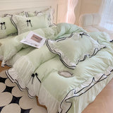 elvesmall  Korean Seersucker Bedding Set Princess Girls Lace Ruffled Bow Duvet Cover Double Bed Sheets Washed Cotton Twin Queen Quilt Cover