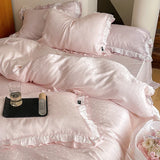 elvesmall Pink Natural Lyocell Fibre Soft Silky Princess Bedding Set Jacquard Ruffles Duvet Cover Set Bed Sheet Or Fitted Sheet Pillowcase