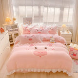 elvesmall Korean Princess Fengshui Washed Cotton Pure Four-piece Lace Quilt Cover Cartoon Bed Three-piece Set