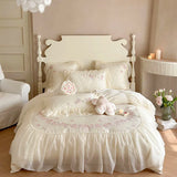 elvesmall  Pink Flowers Embroidery Bedding Sets Luxury Egyptian Cotton Chiffon Lace Duvet Cover Bed Sheet Pillowcases Princess Bedclothes