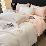 elvesmall  Embroidery 100% Lyocell Fiber Duvet Cover Set 220x240 High End Skin Friendly King Size Bedding Set Luxury Soft Pink Bedding Sets