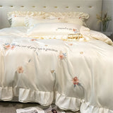 elvesmall Flower Embroidery Lace Ruffles Bedding Set Skin-friendly Washed Cotton Princess Style Wedding Duvet Cover Bed Sheet Pillowcases
