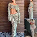 srczz Women Summer 2PCS Beach Cover Up Dress Sexy See-through Hollow Out Short Tops+Long Skirt Swimsuit Cover Up Dresses Vacation