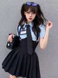 srczz Preppy Style Womens Two Piece Sets Shirt Sexy Outfit High Waist Corset Strap Pleated Skirt Vintage School Uniform Suit Summer