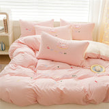 elvesmall Pink Bedding Sets Solid Color Washed Cotton Home Girls Bedroom Decor Duvet Cover Pillowcase Bedspread Embroidery Four Piece Set