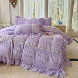 elvesmall Korean Style Bed Set Seersucker Flower Embroidery Four Piece Set With Lace Bed Flat Sheet Pillowcase Duvet Cover Set Textiles