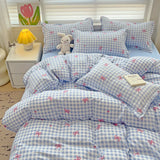 elvesmall Ins Princess Blue Grid Duvet Cover with Bowknot Pillowcase Bed Sheet Kids Girls Bedding Set Full Size Cute Kawaii Bedclothes