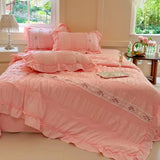 elvesmall Pink Ruffle Comforter Bed Sheet Pillowcases Queen Size Lightweight Fluffy Farmhouse White Ruffle Bedding Set Soft Microfiber