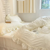 elvesmall Ins Style Korean Lace Seersucker Washed Cotton 4-piece Bed Sheet Quilt Cover Solid Color Duvet Cover For Girl Spring Decor Home