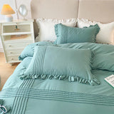 elvesmall 100% Cotton Solid Color Vintage Ruffled Duvet Cover Farmhouse Rustic Comforter Cover Geometric Stripes Bedding Set with 2 Sham