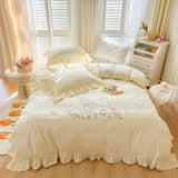 elvesmall  Ruffle Trim White Flower Embroidery Cotton Bedding Set Duvet Cover Linen Fitted Sheet Pillowcases Home Textile