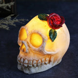 elvesmall  Halloween Luminous Resin Skull Head LED Terror Skull Decoration Prop Skeleton Head with Rose Flower Halloween Decoration