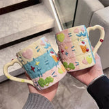 elvesmall  -  Korean Ins Niche Design Ceramic Water Cup Cartoon Cute Hand-painted Patch Plaid Mug Heat-resistant Home Milk Cup with Handle