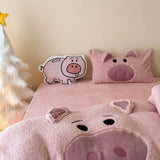 elvesmall  Pink Cartoon Pig Towel Embroidery Bedding Set Warm Thick Winter Duvet Cover Linen Fitted Sheet Pillowcases Gifts For Children