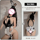 elvesmall  Bunny Girl Sexy Lingerie Open Cup Leather Bodysuit Backless Hollow Butt Bow Jumpsuit Open Crotch Catsuits Maid Roleplay Clubwear