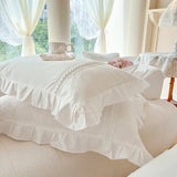 elvesmall  Pearl Lace Decorate Bedding Sets Luxury Snow White Egyptian Cotton Princess Wedding Pleated Duvet Cover Bed Sheet Pillowcases