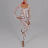 srczz Sheer Lace Hollow Out Sexy Jumpsuits Zip Up Backless Outfits Women Unitards Square Neck Romper Overalls One Piece