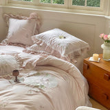 elvesmall  French Style Embroidered Floral 100S Cotton Bedding Set Girlish Bed Sheet Duvet Cover Set with Ruffles(Queen King Size,4/6pcs)