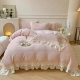 elvesmall French Vintage Double Layer Lace Ruffles Carved Velvet Duvet Cover Set Winter Bedding Set Plush Quilt Cover Bed Sheet Pillowcase