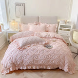 elvesmall  Korean Cotton Four Piece Bedding Set Solid Princess Style Girl Heart Quilt Cover Sheet Pure Cotton Bedding Set Four Seasons