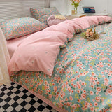 elvesmall Japanese-Style Simple Pure Cotton Small Fresh AB Bedding Quilt Cover Pillowcase Bed Sheet Double Bed Home Textile Four-Piece Set
