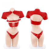 elvesmall  Amine Bunny Girl Costumes Women Open Chest PU Leather Wetlook Lingerie Three Point Bikini Police Cosplay Latex Night Clubwear