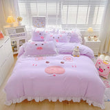 elvesmall Korean Princess Fengshui Washed Cotton Pure Four-piece Lace Quilt Cover Cartoon Bed Three-piece Set