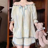 elvesmall  Tie Dye Women Pajamas Sets for Home Summer Print Sleepwear Shorts Sleeve Bow 2 Pieces Lace Night Wears Korean Home Suit New
