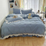 elvesmall Garment Washed Cotton Duvet Cover Set for Boys Girls Sage Matcha Green Bedding Sheets Ruffle Bed Skirt Queen Size Linens King