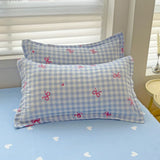 elvesmall Ins Princess Blue Grid Duvet Cover with Bowknot Pillowcase Bed Sheet Kids Girls Bedding Set Full Size Cute Kawaii Bedclothes