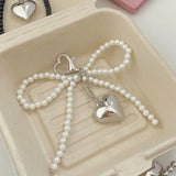 elvesmall White Bowknot Heart Keychain Women Sweet Charm Pearl Bow Backpack Key Ring Handmade Jewelry Ornament Bags Pendants Gif