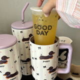 elvesmall 1200ml Kawaii Puppy Thermos Mug Tumbler For Ice Coffee Water Tea Large Cute Stainless Steel Car Thermal Cups With Straw Handle