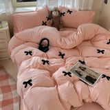 elvesmall Princess Bowknot Bedding Set Pink Duvet Cover Bed Flat Sheet Girls Solid Color Bed Linens Washed Cotton Bedclothes Single Double