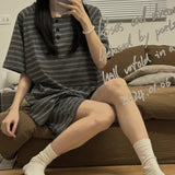 elvesmall Striped Women Pajamas Sets for Home Summer Button Sleepwear Shorts Sleeve Bow 2 Pieces Night Wears Korean Casual Home Suit