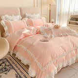 elvesmall  Korean Princess Bedding Set Washed Cotton Bed Cover Girl Heart Pure Color Lace Bow Quilt Coverflat Sheet Decor Home Textiles
