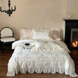 elvesmall  Rose Flowers Embroidery Lace Ruffles Duvet Cover Bed Sheet Pillowcases 1000TC Egyptian Cotton French Vintage Wedding Bedding Set