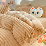 elvesmall Striped Bedding Sets Milk Velvet Winter Warm Four Piece Sets Thicken Bed Linen Quilt Cover Sheet Pillowcase King Bedroom Decor