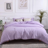 elvesmall  Pink Full Ball Pom Fringe Design Comforter Set 3pcs, Boho Aesthetic Luxurious Full Bedding Set, Vintage Ultra Soft Microfiber