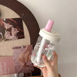 elvesmall Cute Bow Water Bottle Bubble Tea Coffee Tumbler Aesthetic Kawaii Reusable Cups Plastic Korean Milk Juice Cup Drink Bottle 500ml