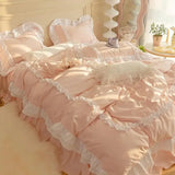 elvesmall INS Korean Princess Style Bedding Kawaii Ruffle Lace Bed Skirt Duvet Cover Solid Color Queen Size For Girls Woman Home Textiles