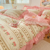 elvesmall Fashion Lattice Bedding Set Bed Sheet Cute Princess AB Double Sided Ruffle Flower Quilt Cover Pillowcase Bedclothes Home Textile