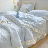 elvesmall 1/3Pc Pink Korean Style Princess Lace Ruffles Soft Seersucker Summer Quilt Single Double Queen Quilted Summer Comforter Blanket