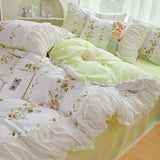 elvesmall  INS Princess Style Flower Bedding Set Duvet Cover With Ruffle Lace Bed Sheet Pillowcases Kawaii Girl Woman Bedroom Home Textiles