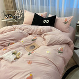 elvesmall Ins Solid Pink Tulip Bedding Set Embroidery Duvet Cover Soft Queen Full Twin Size Bed Flat Sheet Quilt Cover Pillowcase Kawaii