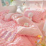 elvesmall Princess Bedding Set  French Style Wash Cotton Solid Color Seersucker Summer Soft  New Bed Sheet Set Comforter Set