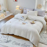 elvesmall Cute Bear Embroidery Bedding Set Lovely Cartoon Sheep Single Double Duvet Cover Set Soft Skin Friendly Quilt Cover Pillowcase