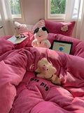 elvesmall  Cartoon thick new solid color bed sheet four piece set, non cotton pure cotton duvet cover, single student dormitory pillowcase,