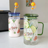 elvesmall  -  750ml Kawaii Animal Glass Cups With Lid  And Straw Cute Coffee Mugs Glasses For Drinks Tea Water Milk Juice Beer Cup Drinkware