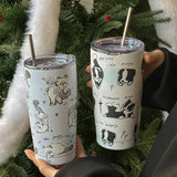 elvesmall  -  Cute Cat Tumbler Thermal Cup For Coffee Tea Beer Juice 550ml Kawaii Sainless Steel Thermos With Straw Car Cup Water Bottle Gift